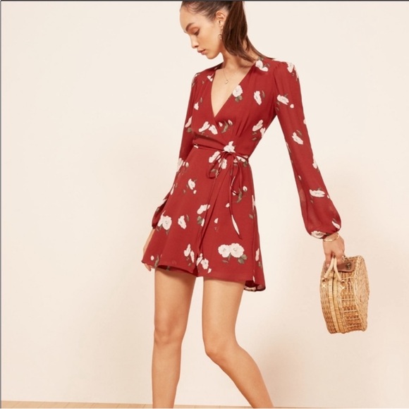 Reformation Dresses & Skirts - Reformation Red Collins Floral Wrap Mini Dress Size XS